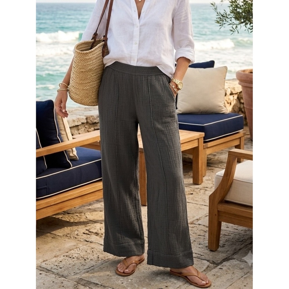 UpWest Charcoal Gray 100% Cotton Gauze Wide Leg Pants Size S Coastal Resortwear
